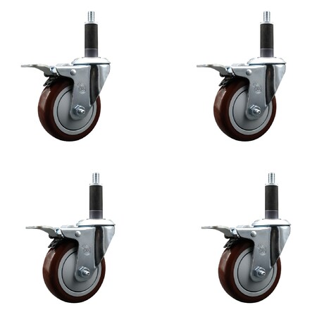 Service Caster 4'' Maroon Poly Swivel 1'' Expanding Stem Caster Set Total Lock Brake, 4PK SCC-EXTTL20S414-PPUB-MRN-1-4